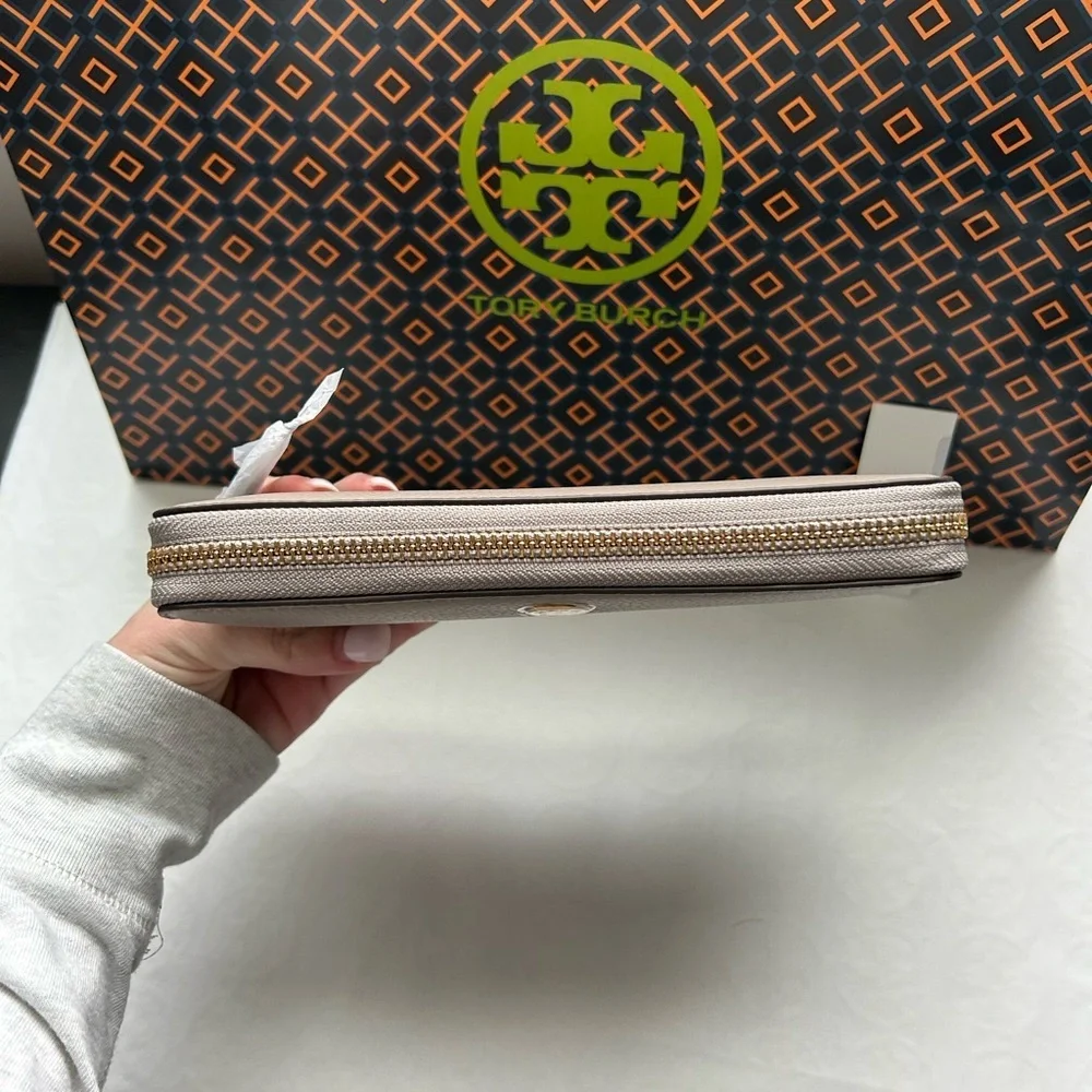 Tory Burch Walker Zip Continental Wallet Gray Heron Gold Grey